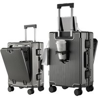 Aluminum Alloy Frame Suitcase Front Opening Pocket with USB Charging Plug Rolling Luggage Trolley Case Bag with Spinner Wheel