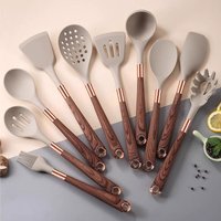 12Pcs Wood Grain Silicone Kitchen Utensil Set, Gold-plated Heat-resistant Handle, Spoon & Spatula for Non-stick Pans