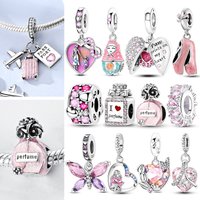 Charms Original 925 Sterling Silver Pink Airplane Girl Parent Child Perfume Heart Pendant Beads Fit Bracelet Women Jewelry Gift