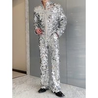 Silver Sequin Straight Leg Bell Bottom Pants Casual Long Trousers Men's Fashionable Performance Outfit Street Style