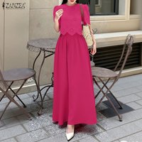 ZANZEA Women's Summer Casual Skirt Suits Openwork Embroidered Short Sleeve Tops and A-Line Long Skirts 2 Pieces Sets Outfits 3XL