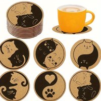 6 PCS 2D Flat Wooden Coasters Wooden Color Cat Pattern Theme Desktop Insulation Mats Home Decor Coffee Cup Coasters For Office