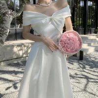 French Satin Off-Shoulder Dress Summer White Elegant Formal Evening Dress Dress Korean Wedding Banquet Dress Y2k Women Clothing