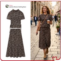 Aesthetic Embroidered 2 Piece Sets for Women Summer Skirt Sets Embroidered Round Neck Top with Short Sleeves & Tonal Midi Skirt