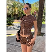 HH Women's 2026 Summer Fashion Versatile Brown Polka Dot Poplin Single-Breasted Top+High Street Mid-Waist Casual Mini Shorts Set