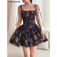 2023 Sexy Women Black Flower Print Spliced Mesh Bra Corset style Mini Dress Slim Waist Party Skater Bow Lacing up Sling Robe