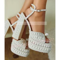 Women's White Pearl Platform Sandals Ankle Strap With Buckle Open Toe Bowknot Block Heels Sandals Luxe Lolita Party Wedding