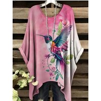 Summer Women's T-Shirt Hummingbird Peacock Print Round Neck Tail Comfortable Short Sleeve Oversized Tee Irregular Hemline Tops