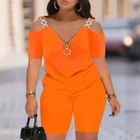 Women Two Piece Sets Short Pants Set Solid V Neck Zipper Elegant Splice Tops High Waist Casual Slim Fit Pant Matching Sets