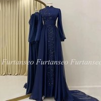 Fashion Prom Dress High Neck Puff Sleeves Beading Applique Pleat Chiffon A Line Formal Evening Dresses Arabian Party Gowns
