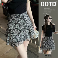Women's Black White Rose Print Ruffled Mini Skirt High Waist Flowy Casual Skirt