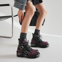 Nowe Punkowe Damskie Botki na Platformie, Damskie Rockowe Botki z Okrągłym Noskiem, Sznurowane, Modne Retro Grube Buty, Metalowe Ozdoby, Krótkie Botki