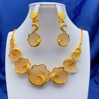 Indian 24K Gold Color Necklace Earrings Jewelry Set For Women African Dubai Nigeria Bridal Wedding Party Jewellery Wholesale