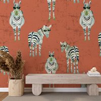 Zebra Wallpaper in Vintage Red Brwon Background, Removable Peel and Stick Wall Paper Roll,Animal Non-Woven Wall Mural Home Deco