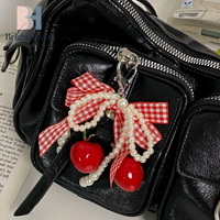 Cherry Plaid Bowknot Keychain Pearl Lace Charm Pendant Keyring Jewelry For Girl Women Gift Bag Decoration B.H