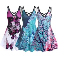 Plus Size Women Printed Knee Length Dress 3D Flower Printed Crisscross Sleeveless Summer Dresses S-5XL Female Dress