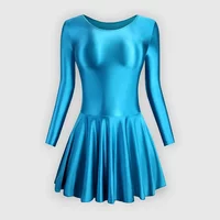 Women Long Sleeve Tight Glossy Silk Dance Dress Yoga Solid Shaped Practice Skirt Rhythmic Gymnastics Leotard Swimsuit Dancewear