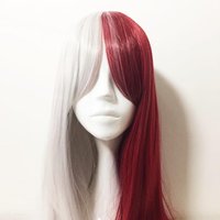 Unisex Half Red Half White Two Tone Long Straight Synthetic Hair Cosplay Wig