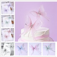 New Double Silk Butterfly Happy Birthday Cake Topper Pink Blue DIY Wedding Party Cupcake Topper Dessert Gift Used Home Ornament