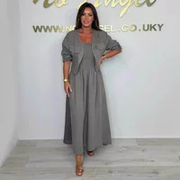 Spring Summer Casual Dress Set Women Elegant Office Lady Cardigan Short Jacket Strap Elastic Cotton Linen Dress 2 Piece Outfit