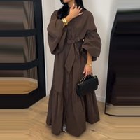 Casual Women's Simple Button Commute Maxi Dress Vintage Lantern Long Sleeve Pleated Dress Elegant O-neck High Waist Tie-up Dress