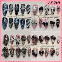 10Pcs Spice Girl Dark Square Almond Handmade Wearable Press On Nails 3D Flower Butterfly Pearl Starry Sky Rhinestone Fake Nails