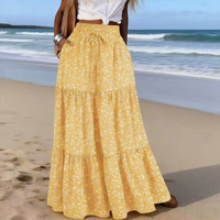 Plus Size Women's Boho Floral Print Maxi Skirt - High Waist Elastic Drawstring Tiered Ruffle Long Skirt