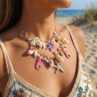 Boho Exaggerated Starfish Conch Pendant Necklace for Women Seahorse Shell Imitation Pearl Metal Chain Choker Beach Party Jewelry