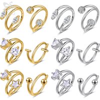 ZS 1 Piece 16G Stainless Steel Nose Ring For Women Men Heart Star CZ Crystal Septum Piercings Ear Helix Piercing Jewelry 8/10MM