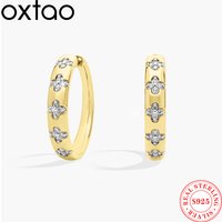 OXTAO Luxury Moissanite Diamond Big Hoop Huggie Earrings 925 Sterling Silver Four Leaf Flower Earring Clover Jewelry for Women