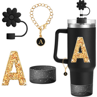 4Pcs Set for Stanley Cup Accessories,Including Initial Silicone Straw Lid, Name ID Letter,Self-adhesive Letter,Cup Sleeve(Black)