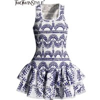 TWOTWINSTYLE Solid Slimming Mini Dress For Women Round Neck Sleeveless High Waist Temperament A Line Dresses Female Fashion New