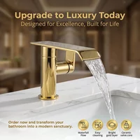 Polished Gold Bathroom Faucet, Solid Brass Modern Waterfall Spout Single Handle Basin Mixer Tap, Deck Mount Hot Cold Water Lavat