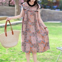 New Casual 2025 Vintage Summer Dress Plus Size Dresses Vestido Print Short Sleeve O-neck Cotton Women Clothing