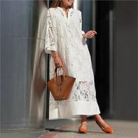 Women's Elegant Fashion Lace Dress White 2025 Spring Summer New Loose V-neck Seven-Point Sleeve Hollowed out Dresses Office Lady
