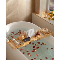 SONGMICS Bamboo Bath Tray, Extendable Bath Caddy Tray, 70-95.6 cm Wide Bath Shelf, Foldable, Non-Slip Bathtub Tray