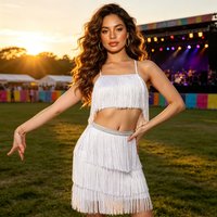 Layered Tassel Split Latin Dance Set Crop Top & Mini Skirt Professional Adult Summer Dress for Practice Recital Carnival