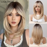 Brown Blonde Ombre Synthetic Wigs With Eight Character Bangs For Women Daily Cosplay Medium Length Straight Wig Heat Resistant