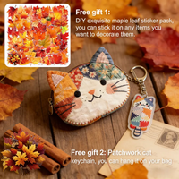 Cute Patchwork Cat Zipper Pouch | Bonus Cat Keychain + Autumn Maple Leaf Stickers | Handmade Coin Wallet for Gifts