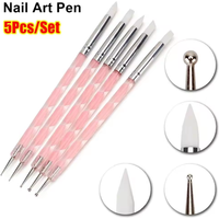 5Pcs Nail Art Acrylic Silicone Point Flower Pen Stainless Steel Dotting Tools 2-Way Marbleizing Painting Pens for DIY Nail Art