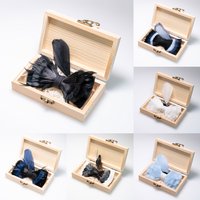 Nouveau nœud papillon en plumes 2026, noir et bleu uni, nœud papillon fait main pour homme, broche, coffret en bois, cadeau de mariage et de fête, design JEMYGINS