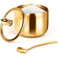 Gold Stainless Steel Sugar Bowl Spice Jar Season Pot Container with Glass Lid and Spoon for Coffee Bar Kitchen Storage
