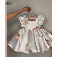 OIMG Sweet Puff Sleeves A Line 3D Flower Girl Dresses Square Neck Wedding Party Dress Knee Length Birthday Dress Customized