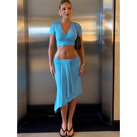 Weird Puss Thin Velvet 2 Piece Set Women Elegant V-Neck Short Sleeve Crop Top+Ruched Ribbon Patchwork Irregular Hem Party Suits