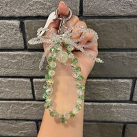 Two-Tone Crystal Clear Beaded Bracelet with Bowknot Phone Strap Charm Keychain Accessory for Women Hand-Free Wristlet Strap