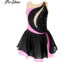Child Girls Figure Skating Dress Ballet Lyrical Dance Gymnastics Leotrad Tutu Sleeveless Shiny Rhinestone Sheer Mesh Dancewear