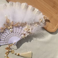 Sweet Lolita Palace Retro Style Feather Folding Fan for Photoshoots Party Wedding Dress-Up Props