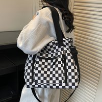 Fashion Leisure Checkerboard Tote Bag with Stripe Pattern Multiple Pockets Large Capacity Zipper Soft Bag Easy Storage
