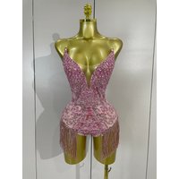 Women Sparkly Rhinestones Tassels Pink Bodysuit Sexy Birthday Party Nightclub Dancer Performance Costume Photoshoot Stage Wear