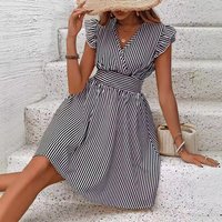 Fashion V-neck Short Sleeve Stripe Mini Dress Women 2025 Summer Slim Elastic Waist Elegant Office Women's Dresses For Women Robe